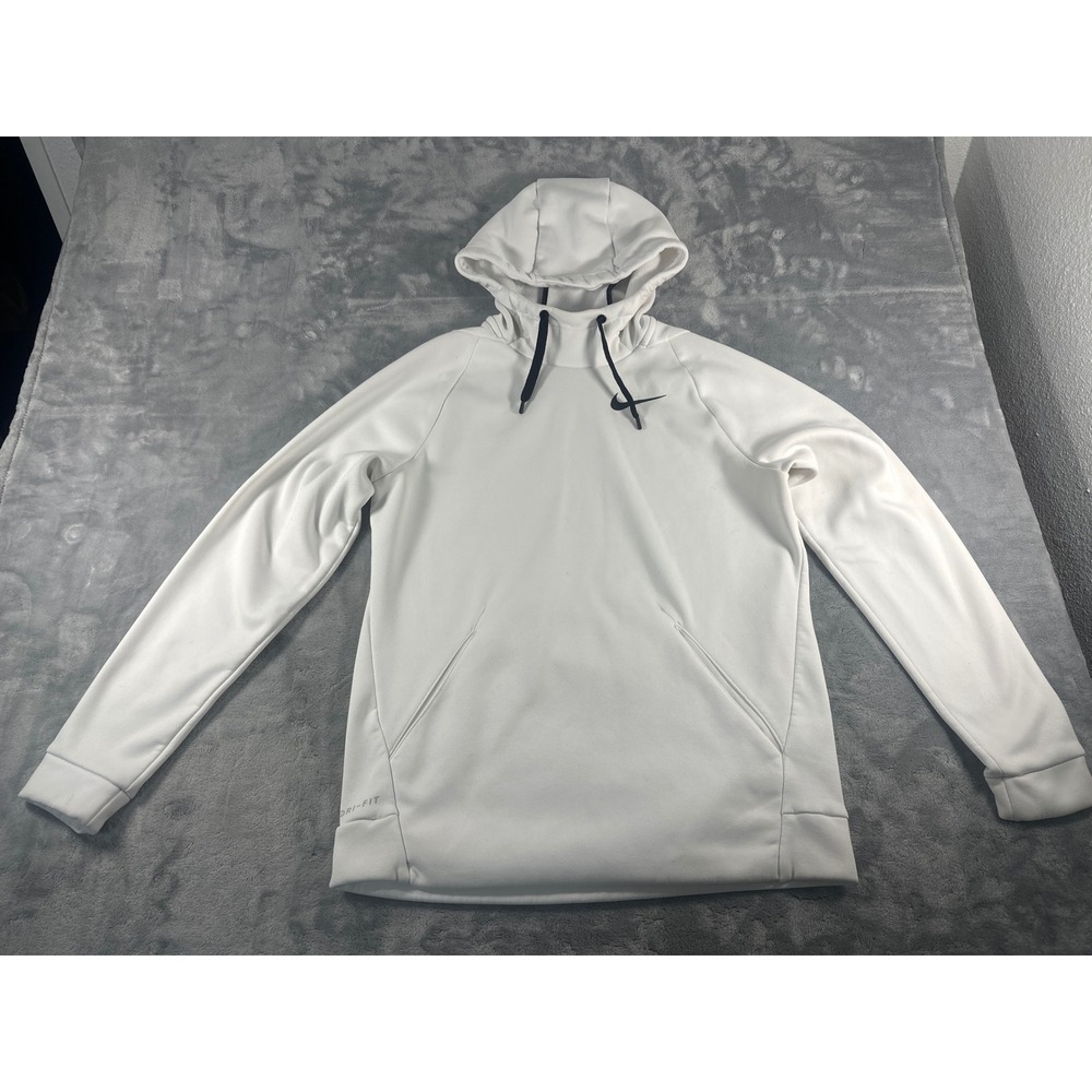 Nike Dri-FIT Mens Small White Training Hoodie Sweatshirt Black Swoosh Logo
